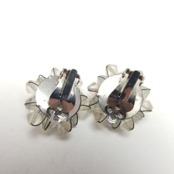 Vintage Sparkly Clear AB Beaded Cluster Clip On Earrings, Retro 60s Style - Picture 4 of 6